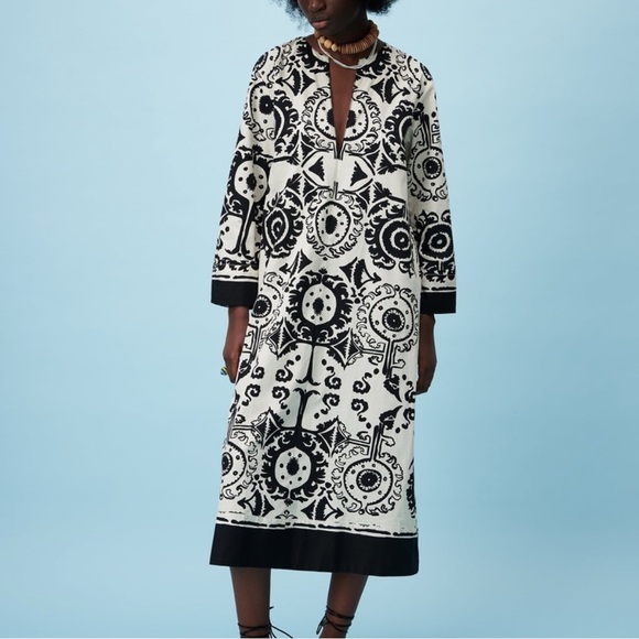 Zara Dresses & Skirts - Zara Kaftan‎ Aztec Print Midi Dress Sz Medium Black White Ibiza Cover Up